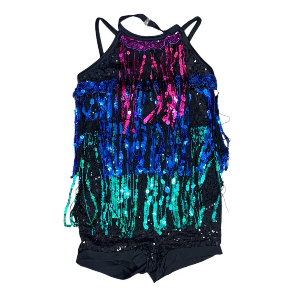 Weissman Showtime | Boom Boom Colorful Sequin Fringe Jazz Dance Biketard Size LC